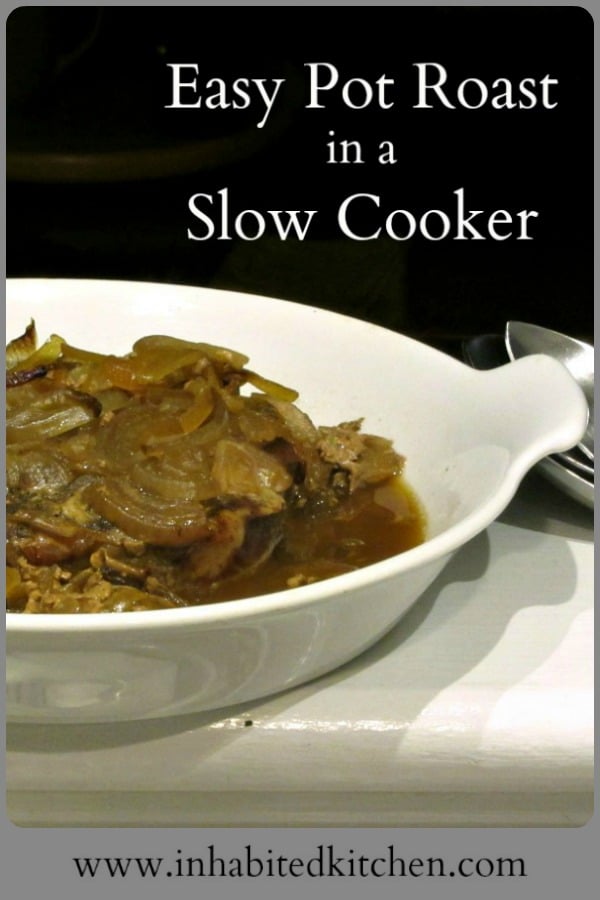 Make an incredibly easy pot roast in a slow cooker! The meat and onions cook down to create their own gravy - you don't have to do a thing.