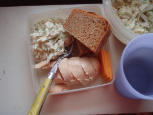 Lunch - chicken, w/w bread, and cole slaw - inhabitedkitchen.com