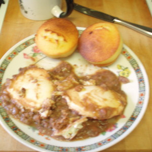 Breakfast - beans, eggs, and muffins