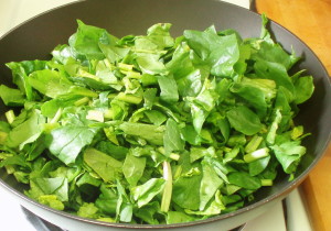 Pan full of raw spinach - www.inhabitedkitchen.com