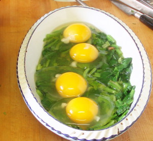 Eggs and Spinach in Baking Pan - www.inhabitedkitchen.com