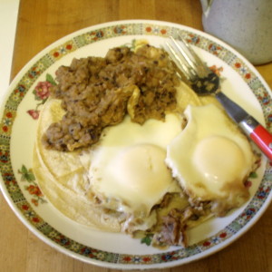 Breakfast - tortillas, beans and eggs