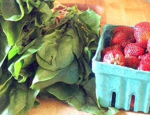 Sweet red strawberries nestled in savory sauteed spinach - a wonderful vegetable dish to celebrate the beginning of summer!