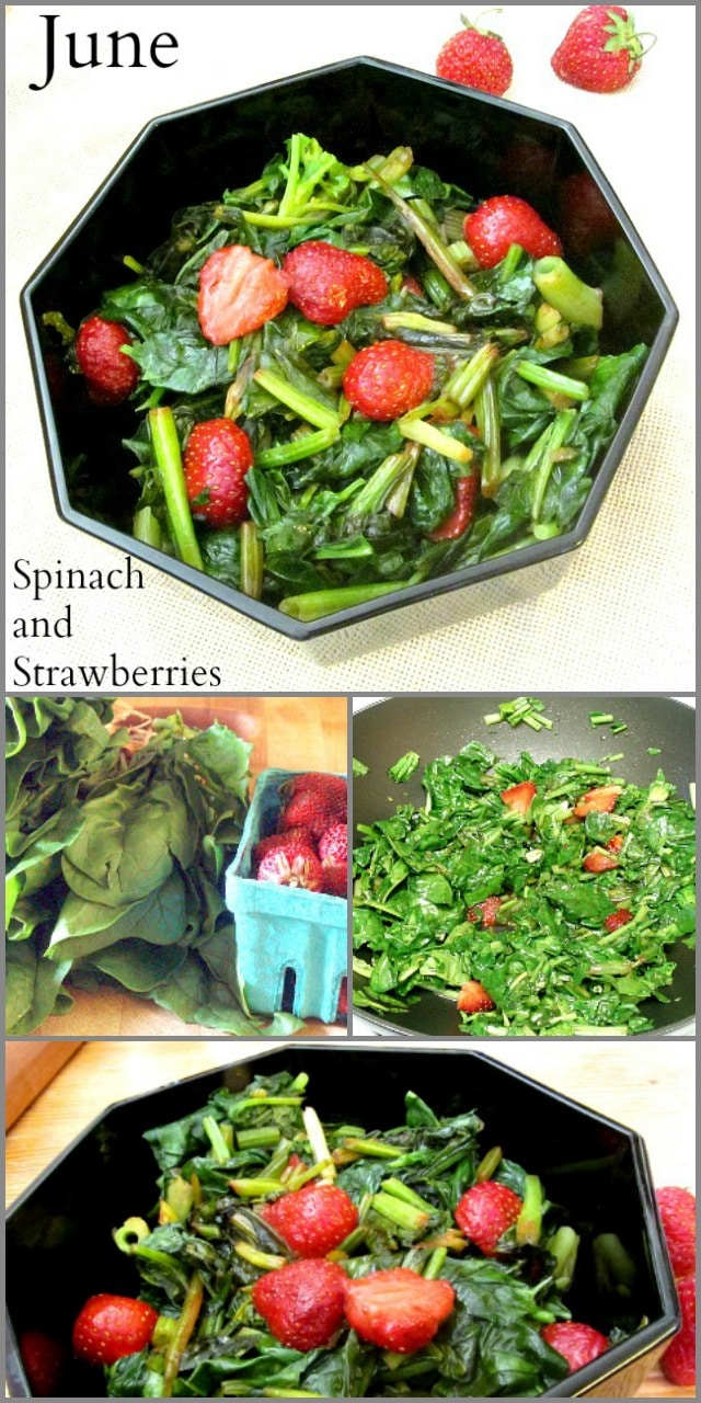Sweet red strawberries nestled in savory sauteed spinach - a wonderful vegetable dish to celebrate the beginning of summer!