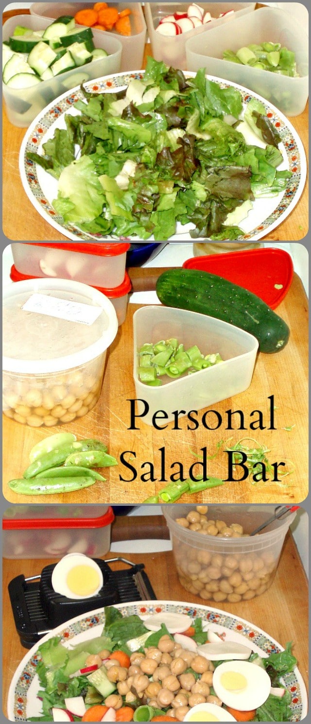 By making my own personal salad bar, in an assortment of refrigerated containers, I can quickly pull together a salad lunch with little effort.