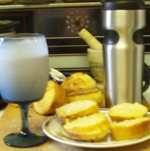 Strawberry protein shake and  corn muffins! www.inhabitedkitchen.com