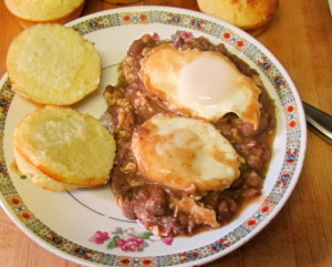 Breakfast - refried beans and eggs, corn muffins - www.inhabitedkitchen.com