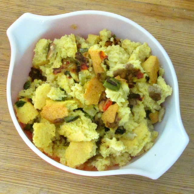 Cornbread baked for stuffing with sausage and aromatics baked right in. An easy and traditional, and gluten free, stuffing recipe.