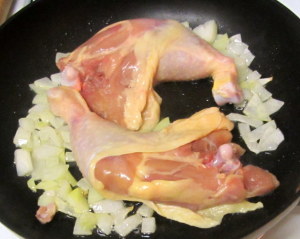 Brownign the chicken, skin side down