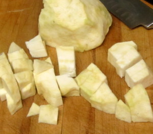 Trimmed and cubed celeriac 