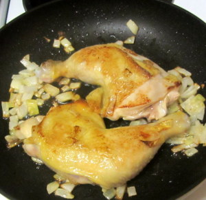 Golden brown chicken, ready to braise