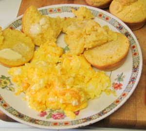 Breakfast - cheesy eggs and corn muffins - www.inhabitedkitchen.com