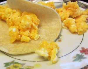 Cheesy scrambled eggs in corn tortillas - fast and easy breakfast - www.inhabitedkitchen.com