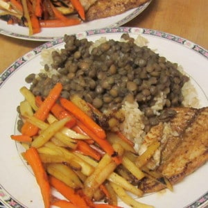 Seared root vegetables, fish garamm masala, lentils and rice - www.inhabitedkitchen.com