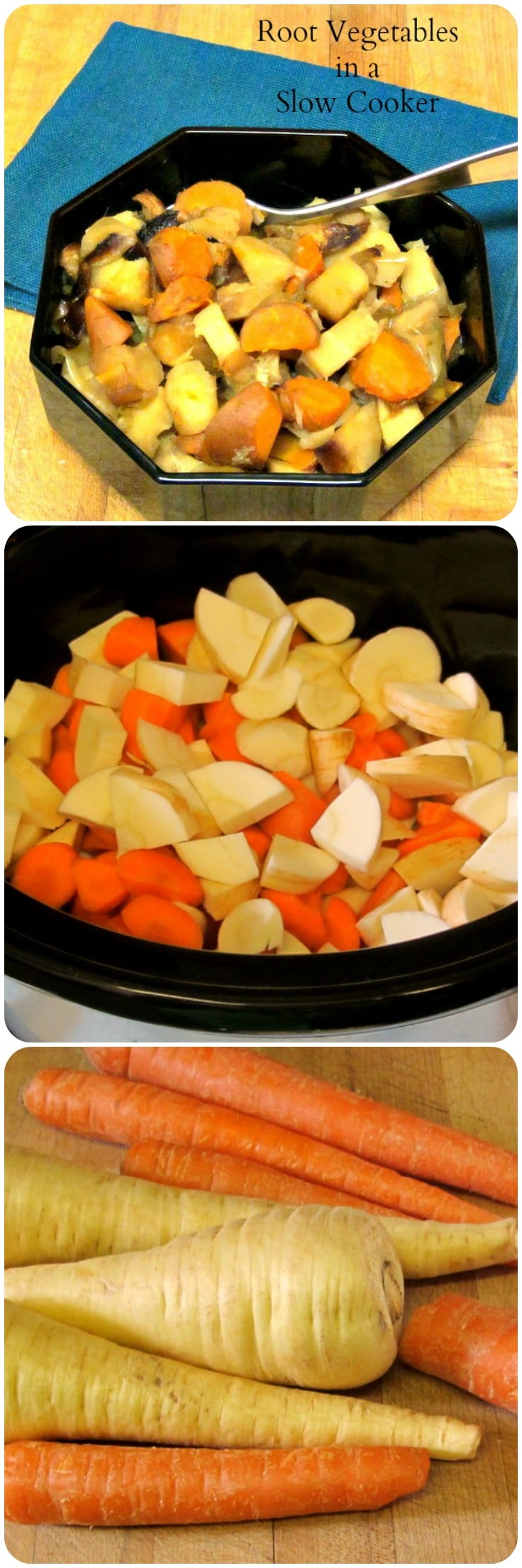 "Bake" root vegetables in a slow cooker - set it up in the morning, and make enough for several meals. An easy and delicious winter vegetable recipe.