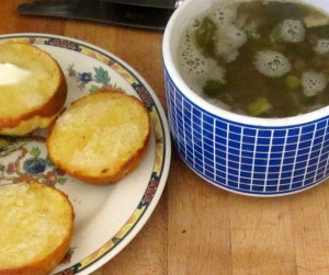 Lunch - lentil soup with pork and greens, and muffins - www.inhabitedkitchen.com