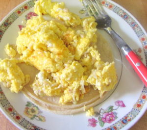 Breakfast - cheesy eggs on tortillas - www.inhabitedkitchen.com