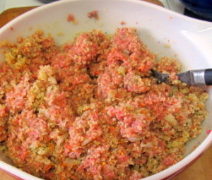 Combining all ingredients for meatloaf - www.inhabitedkitchen.com