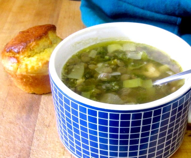 Lentil soup with leeks and chicken, and corn muffins - www.inhabitedkitchen.com