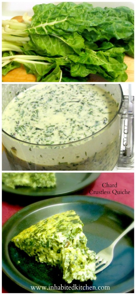 Use cooked chard - or other greens - to make a chard crustless quiche. Serve hot or cold, lunch or dinner! www.inhabitedkitchen.com