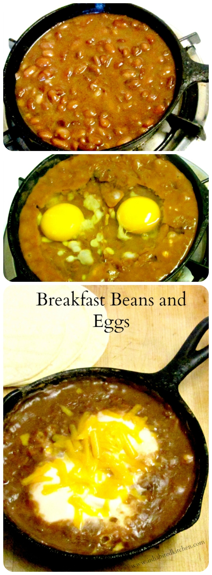 A quick, easy, and nutritious breakfast of beans and eggs, with perhaps a sprinkle of cheese, served over corn tortillas.