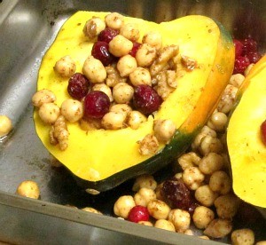 Use cranberries and chickpeas for a stuffed squash that is both simple and elegant. Great as part of a vegan meal! 