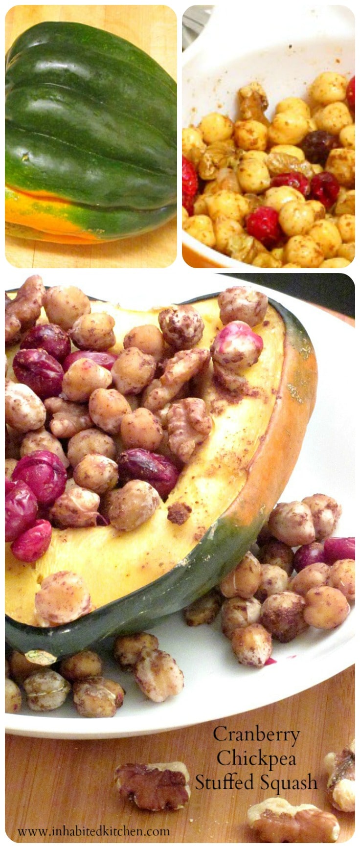 Use cranberries and chickpeas for a stuffed squash that is both simple and elegant. Great as part of a vegan meal! 