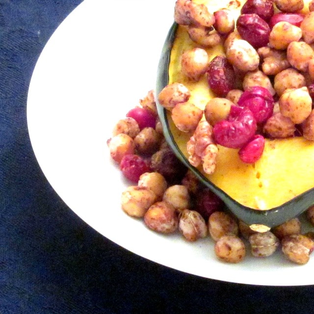 Use cranberries and chickpeas for a stuffed squash that is both simple and elegant. Great as part of a vegan meal! 