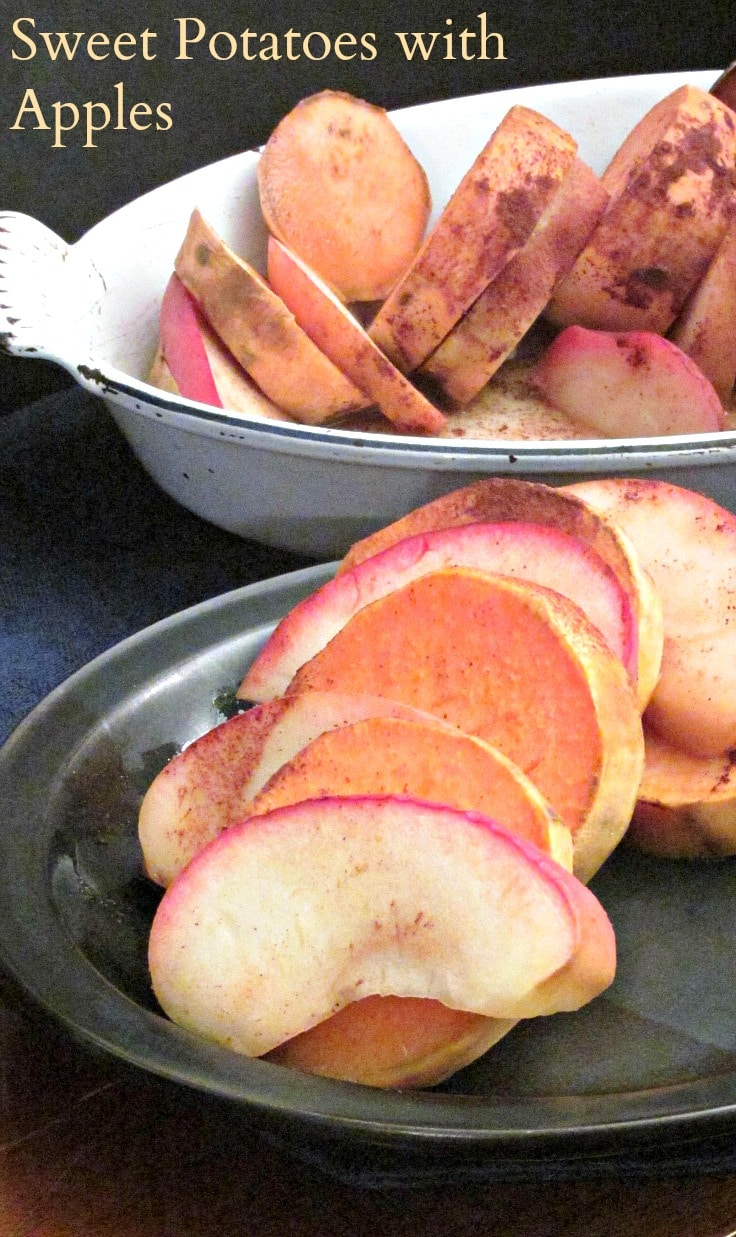 Bake sweet potatoes with apples, for an attractive, elegant, slightly sweet presentation. 
