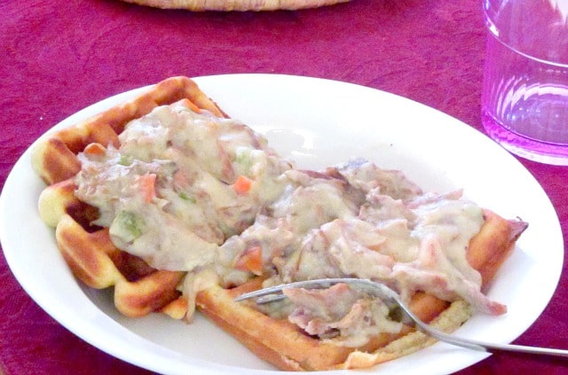 Make turkey in cream sauce from the Thanksgiving leftovers, and serve it over waffles (homemade or not) for a fast and easy meal.