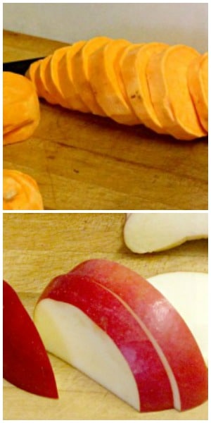 Bake sweet potatoes with apples, for an attractive, elegant, slightly sweet presentation. 