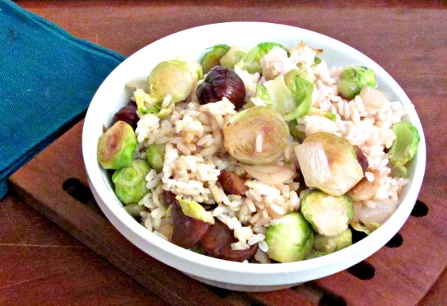 Brussels Sprouts and chestnuts, tossed in cooked rice, for a festive and delicious winter side dish. 