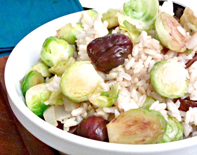 Brussels Sprouts and chestnuts, tossed in cooked rice, for a festive and delicious winter side dish. 