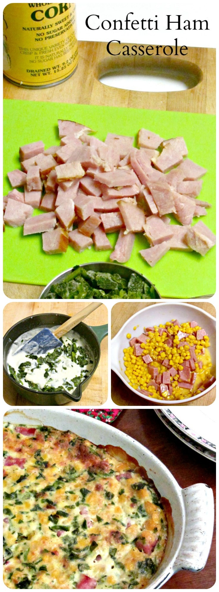 Use leftover ham to make a casserole with corn and spinach. Colorful, plenty of flavor, and a bit of a change. 