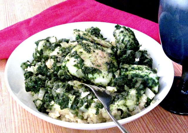 Spinach braised cod - chunks of firm white fish braised in pureed spinach, for a fast, easy, and delicious meal. 