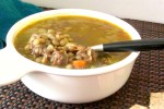 Lentil Soup with Pulled Pork - use already seasoned cooked pork to add flavor to a simple lentil soup. Great way to make a week of lunches from leftovers!