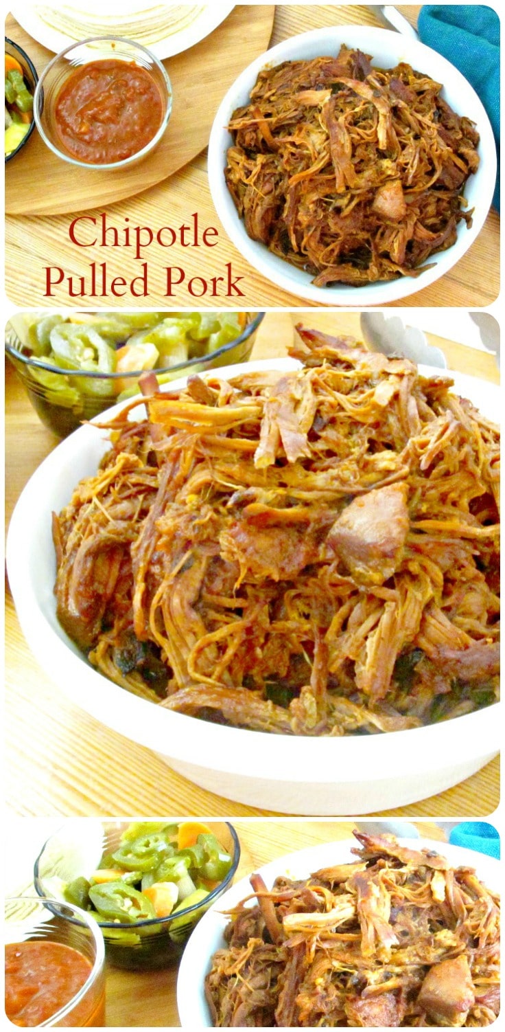 Make this easy slow cooker pulled pork with a smoky spicy sauce made of chipotle in adobo. 