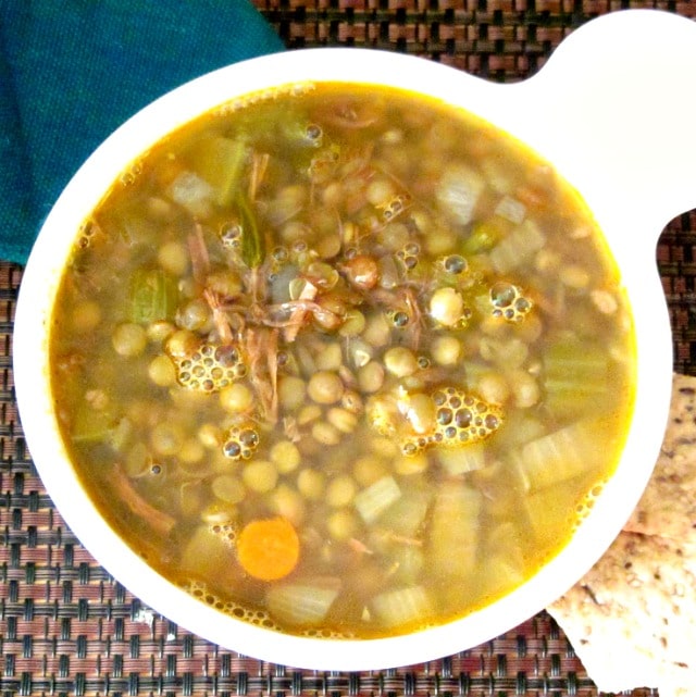 Lentil Soup with Pulled Pork - use already seasoned cooked pork to add flavor to a simple lentil soup. Great way to make a week of lunches from leftovers! 