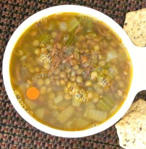 Lentil Soup with Pulled Pork - use already seasoned cooked pork to add flavor to a simple lentil soup. Great way to make a week of lunches from leftovers! 