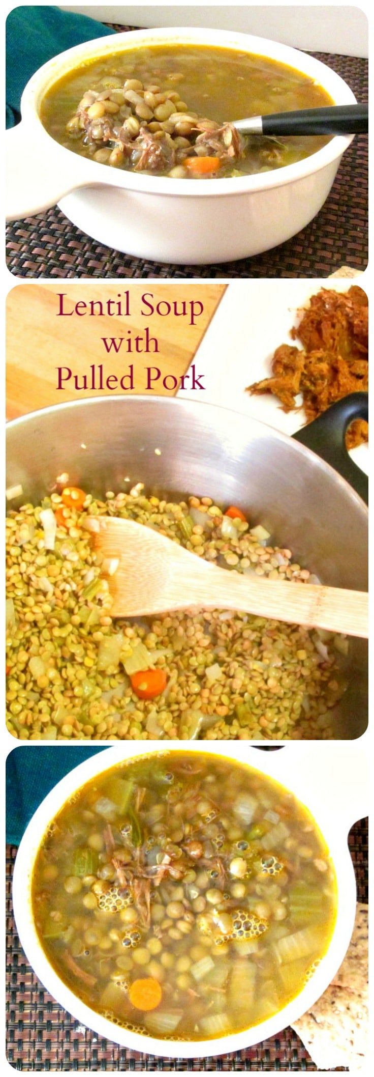 Lentil Soup with Pulled Pork - use already seasoned cooked pork to add flavor to a simple lentil soup. Great way to make a week of lunches from leftovers! 