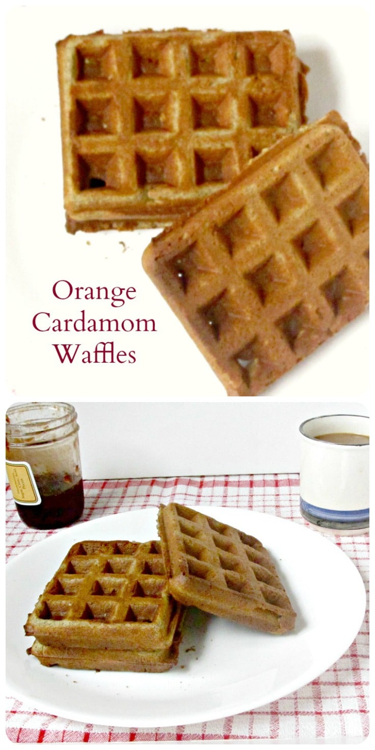 Orange cardamom waffles - gluten free, corn free, with a mild tang from buckwheat complementing the sweetness of orange juice. 