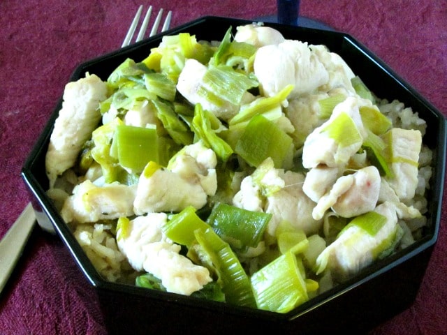 Over wintered leeks with chicken - some of the first fresh vegetables of Spring, served with mild white chicken for a quick and delightful dinner!