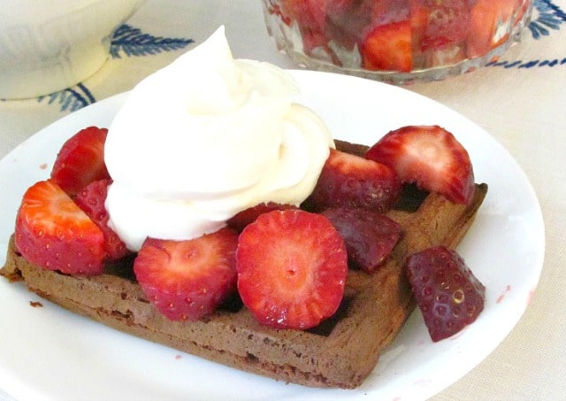 Gluten free, sugar free chocolate waffles with strawberries and whipped cream - dessert, brunch, whenever you'd like a treat! 