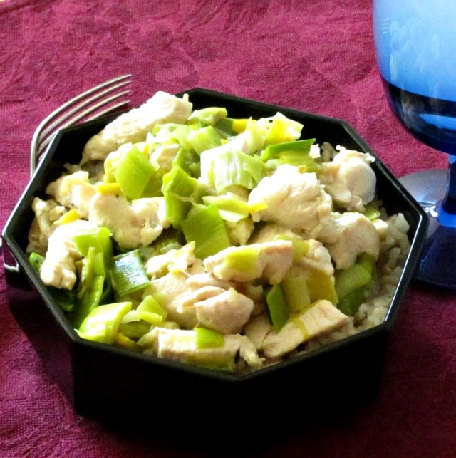 Over wintered leeks with chicken - some of the first fresh vegetables of Spring, served with mild white chicken for a quick and delightful dinner!