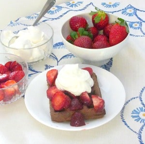 Gluten free, sugar free chocolate waffles with strawberries and whipped cream - dessert, brunch, whenever you'd like a treat! 