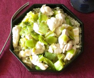 Over wintered leeks with chicken - some of the first fresh vegetables of Spring, served with mild white chicken for a quick and delightful dinner!