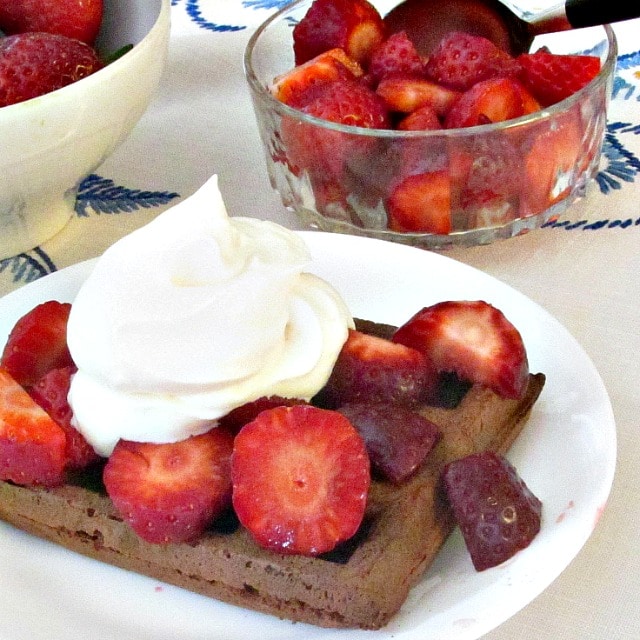 Gluten free, sugar free chocolate waffles with strawberries and whipped cream - dessert, brunch, whenever you'd like a treat! 