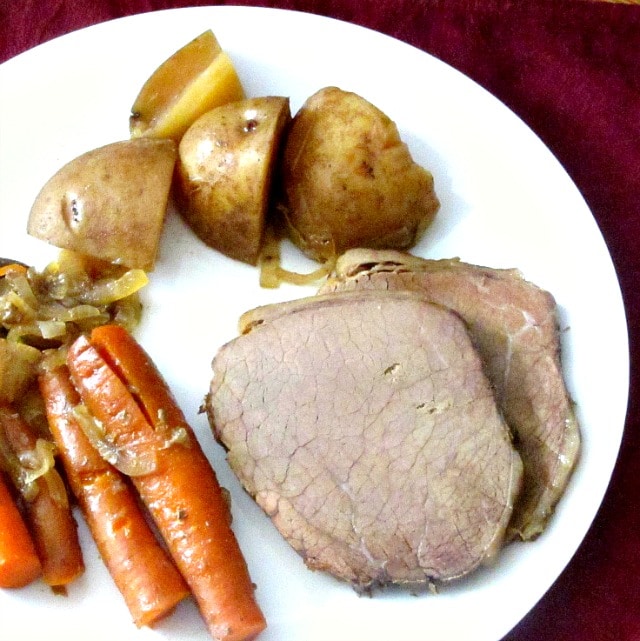 Pot Roast with mushroom broth - simmered in a slow cooker for an easy, richly flavored meal. Thicken the broth if you want gravy! 