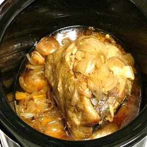 Pot Roast with mushroom broth - simmered in a slow cooker for an easy, richly flavored meal. Thicken the broth if you want gravy! 