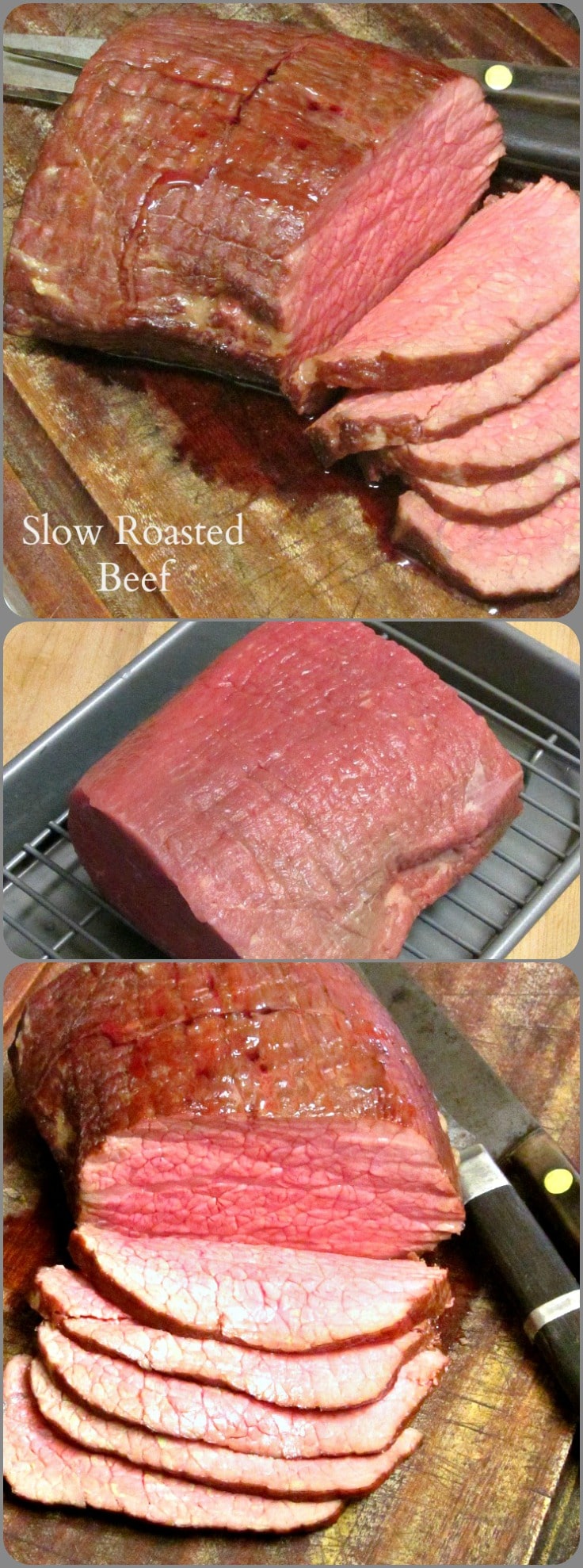 Slow Roast Beef is a method to roast tougher cuts of beef such as round with a lower temperature to make beautiful tender roast beef. 